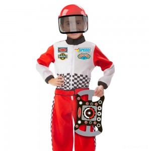 Black Friday | Melissa & Doug Race Car Driver Role Play Costume Set (3pc) - Jumpsuit, Helmet, Steering Wheel, Adult Unisex, Size: Small, Gold - Sale
